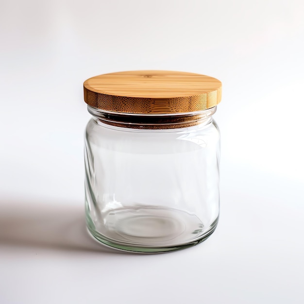 A clear glass storage jar with a bamboo lid on a white background perfect for kitchen organization a