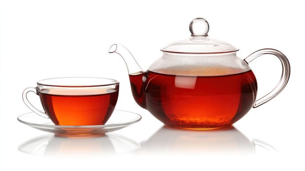 Photo a clear glass teapot and cup filled with rich amber tea showcasing a tranquil morning setting