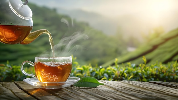 Clear Glass Teapot Pouring Hot Tea into Clear Glass Cup with Lush Green Tea Plantation in the Background