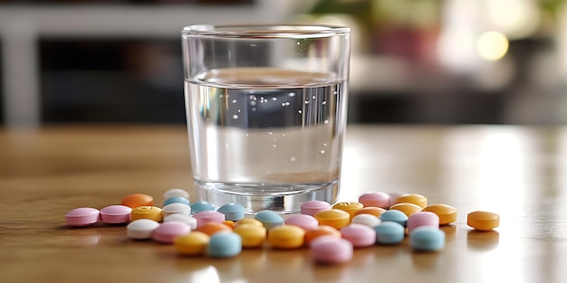 Photo a clear glass of water next to pills