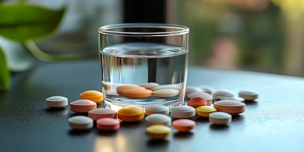 Photo a clear glass of water next to pills