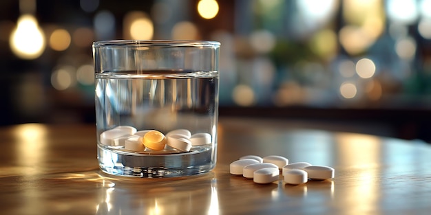 Photo a clear glass of water next to pills