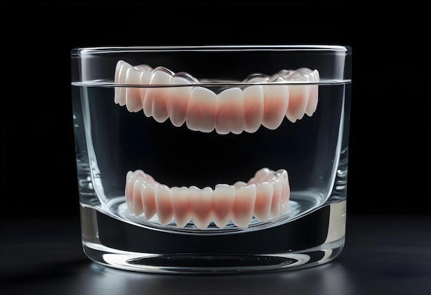 a clear glass with teeth inside of it