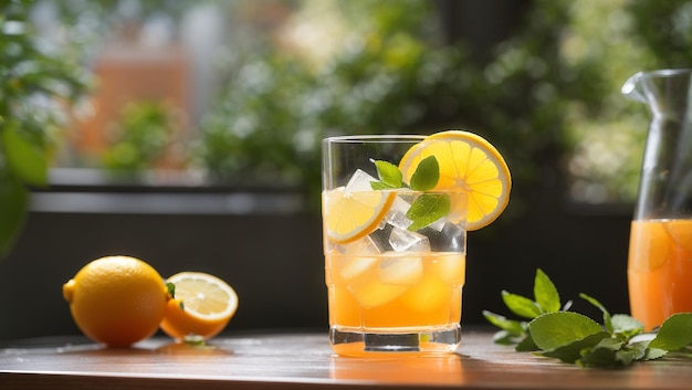 A clear glass on a wooden table with lemon