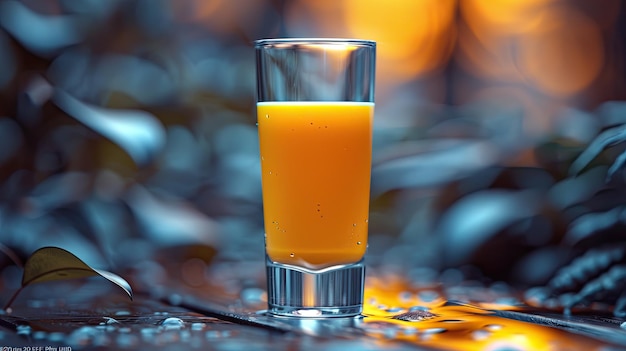 A clear glass on a wooden table with a yellow liquid in it