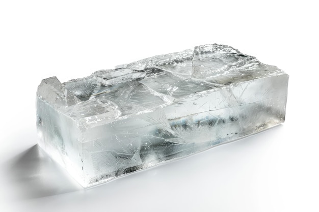 A clear ice block on white background symbolizing purity and freshness