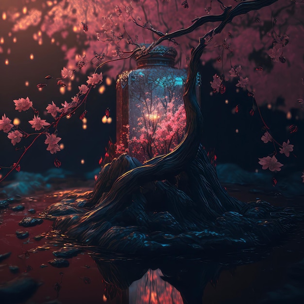 Photo clear jar underneath a cherry blossom tree ai generated