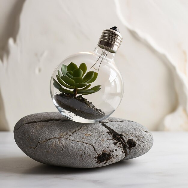 Photo clear light bulb planter on gray rock