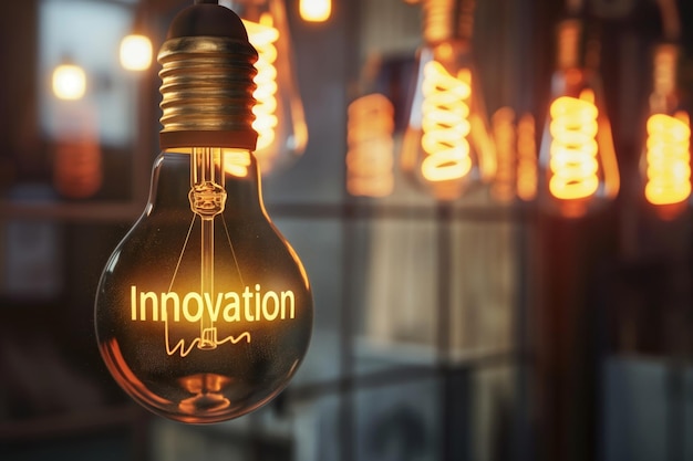 Photo clear light bulb with the inscription 39innovation39 glows warmly among blurred lights symbolizing inspiring business ideas and creativity