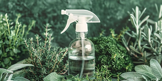 Photo a clear liquidfilled white spray bottle is surrounded by lush green herbs on a table