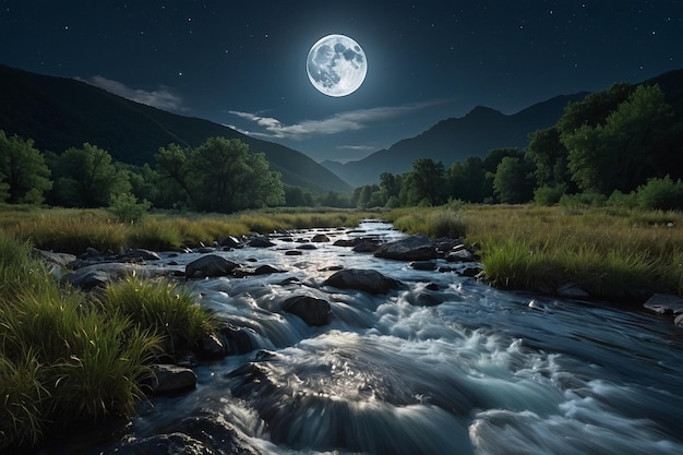 Clear mountain stream under a full moon