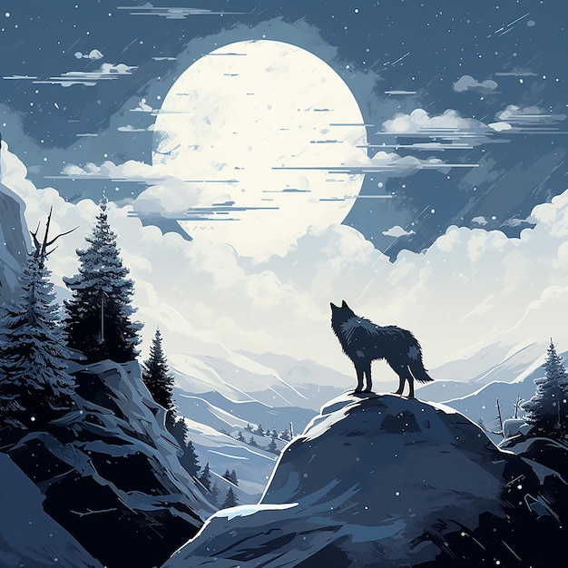 On a clear night a wolf howls atop a snowy mountaintop