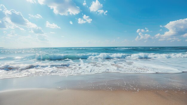 Clear ocean waves gently crashing onto sandy beach under blue sky with scattered clouds