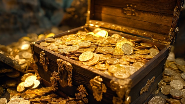 A clear photo of a treasure chest filled with gold bars and coins