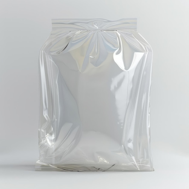 Clear plastic packaging bag isolated on a white background suitable for food product storage and versatile packaging solutions