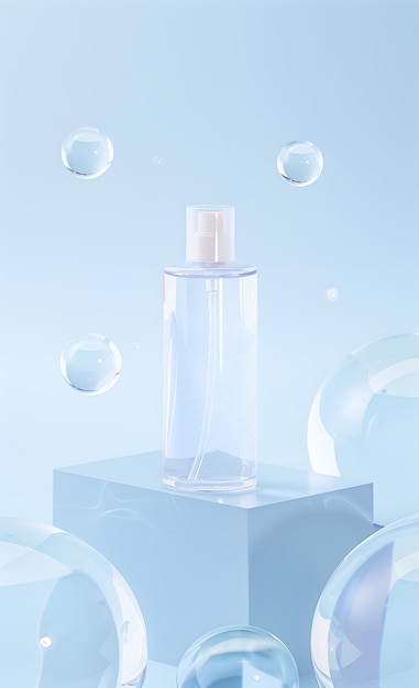 Clear Plastic Spray Bottle with Water Droplets on Blue Background Minimalistic Cosmetic Packaging