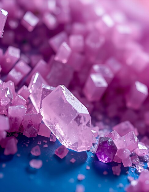 Clear and purple crystals on a blue surface