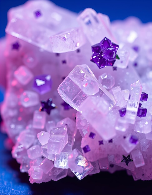 Clear and purple crystals on a blue surface