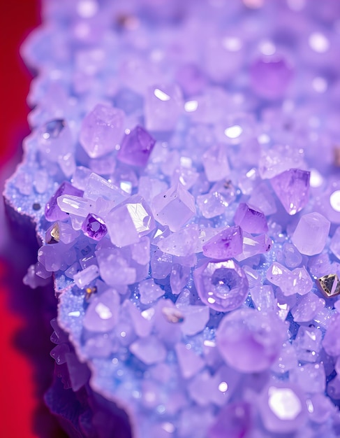 Clear and purple crystals on a blue surface