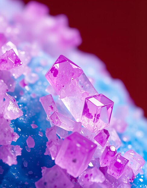 Clear and purple crystals on a blue surface