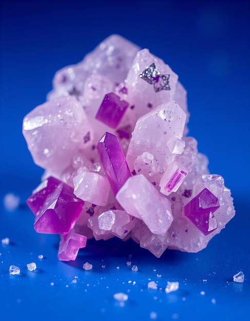 Clear and purple crystals on a blue surface