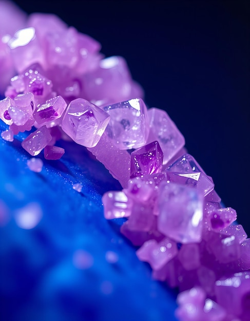 Clear and purple crystals on a blue surface