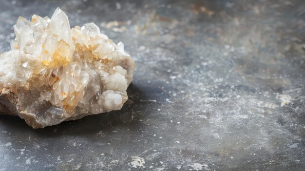 Clear Quartz Crystal Cluster On A Grey Surface