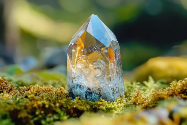 Photo a clear quartz crystal stands atop a bed of moss in a vibrant forest during golden sunlight