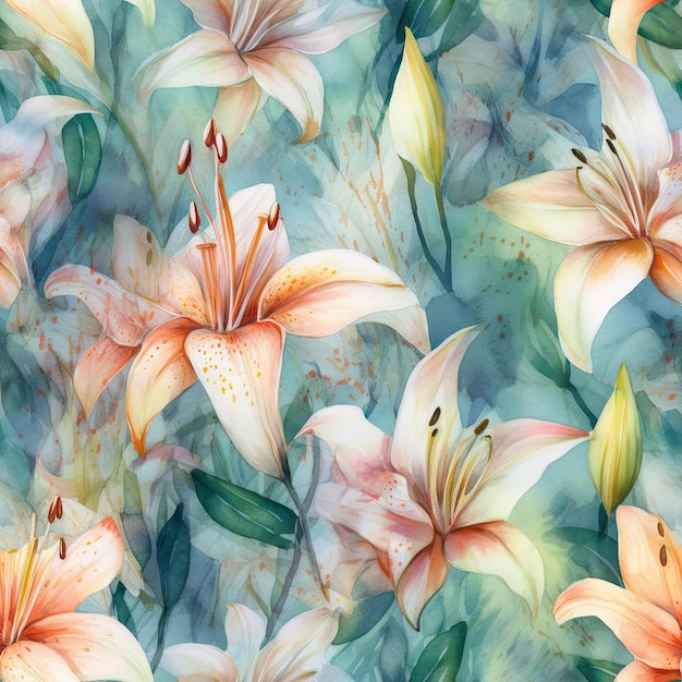 Clear and Sharp Watercolor Lilies Seamless Pattern