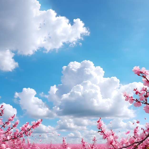 a clear sky with pink petals sunlight and white clouds floating around