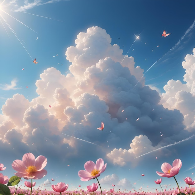 a clear sky with pink petals sunlight and white clouds floating around