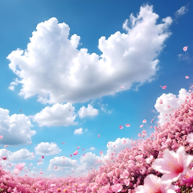 a clear sky with pink petals sunlight and white clouds floating around