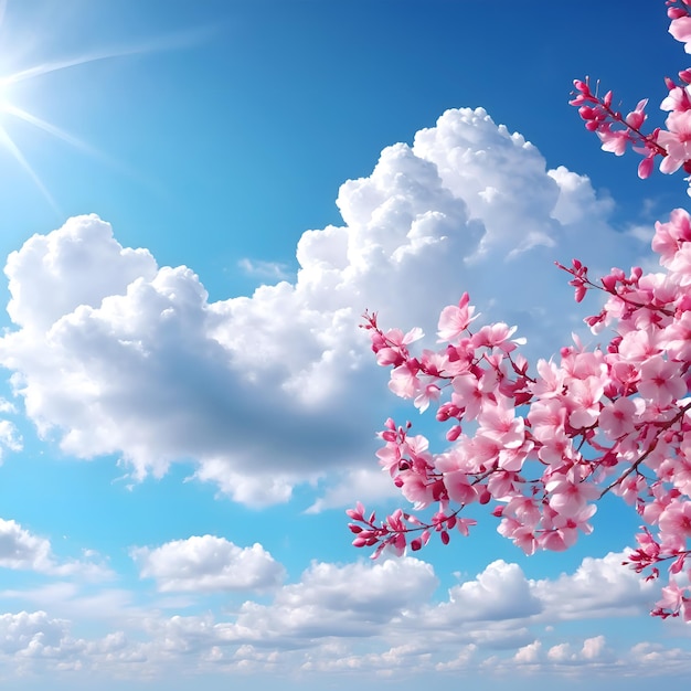 a clear sky with pink petals sunlight and white clouds floating around