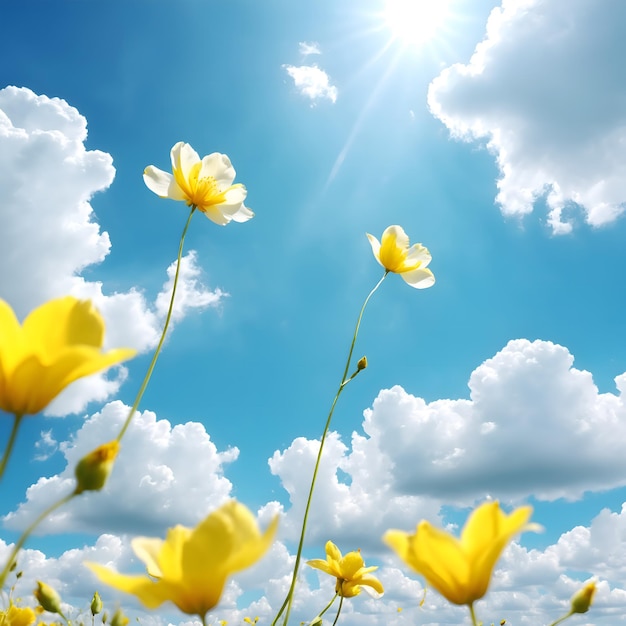 a clear sky with yellow petals flying sunlight shining and white clouds floating around