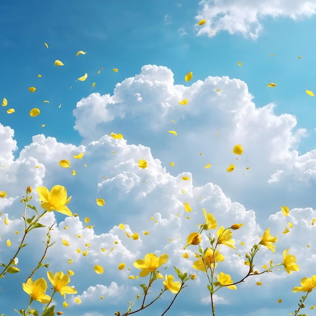 a clear sky with yellow petals flying sunlight shining and white clouds floating around