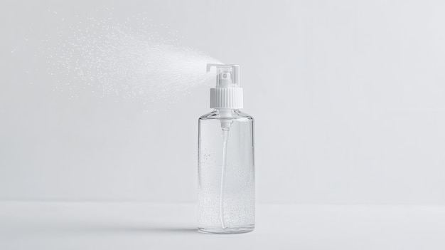 Photo clear spray bottle releasing fine mist on a white background showcasing a refreshing minimalist aesthetic in a serene setting