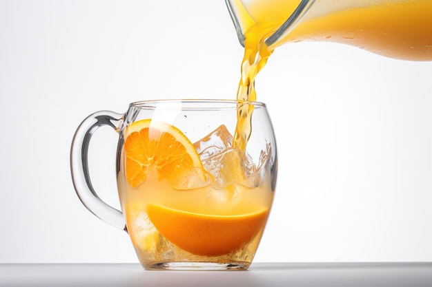 Clear teapot pouring fresh oranges