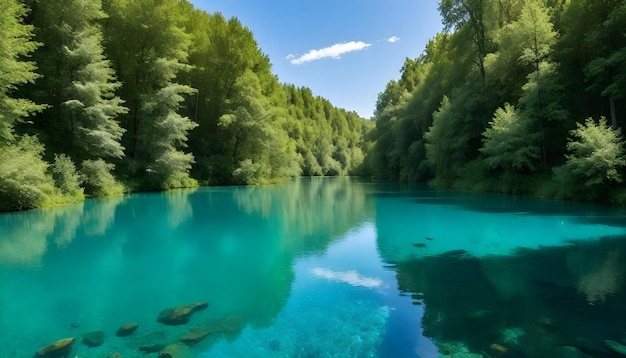 A clear turquoise lake surrounded by green foliage and trees