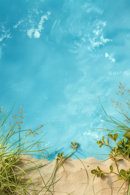 Photo clear turquoise water with sandy edge and grass at beach shore vertical background generative ai