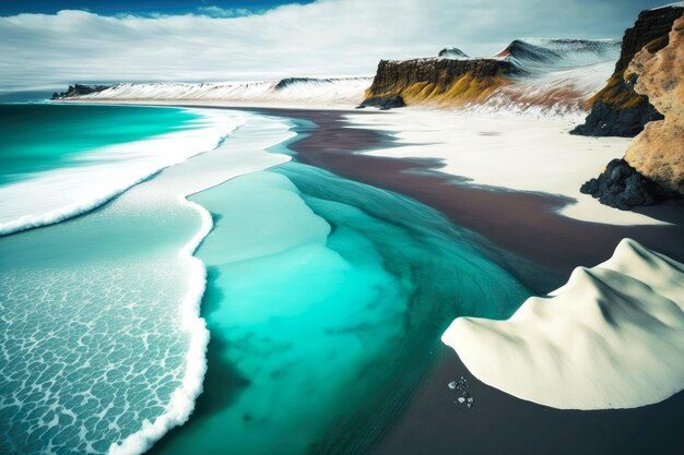 Clear turquoise water with white foam off coast of iceland beach