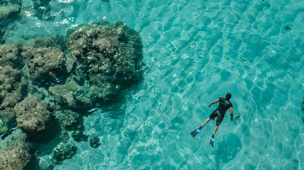 Photo clear turquoise waters man snorkeling in ocean scene