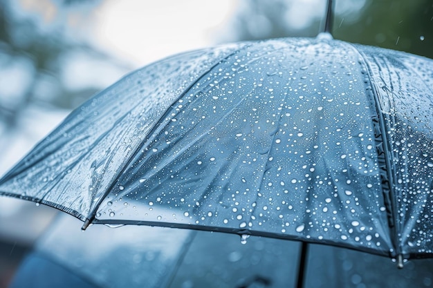 A clear umbrella with raindrops pattern highlights simplicity against a stormy sky in a close up shot