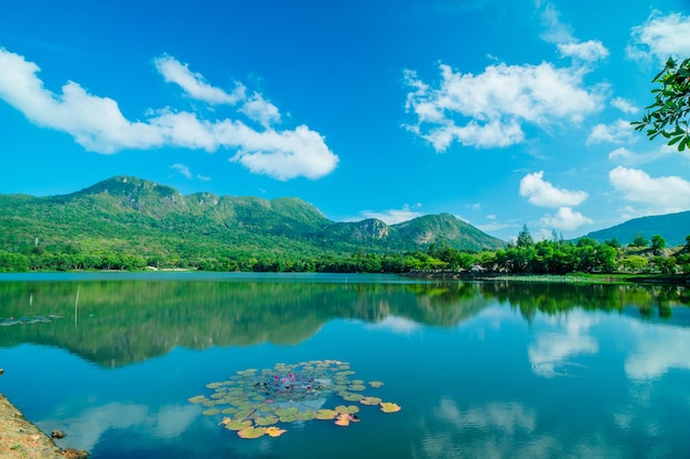 Clear view with An Hai Lake and mountain at Con Dao Natural color Crystal Blue lake