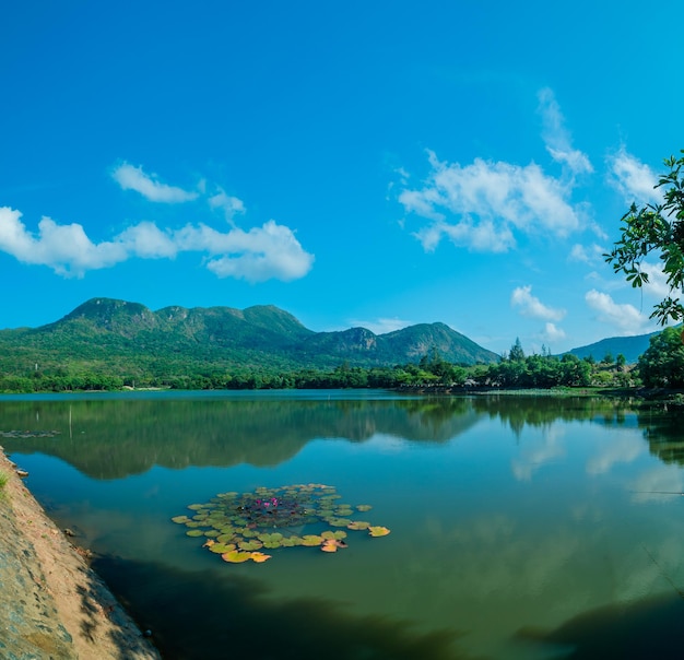 Clear view with An Hai Lake and mountain at Con Dao Natural color Crystal Blue lake