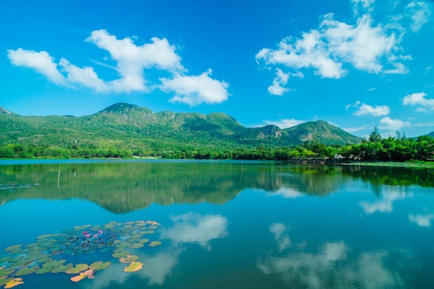 Clear view with An Hai Lake and mountain at Con Dao Natural color Crystal Blue lake