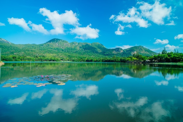 Clear view with An Hai Lake and mountain at Con Dao Natural color Crystal Blue lake