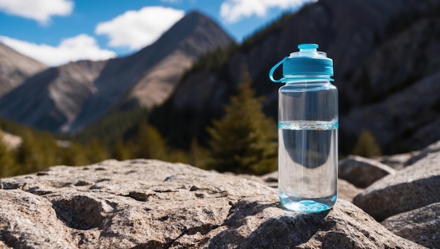 Photo a clear water bottle on rocks set against a scenic mountain backdrop