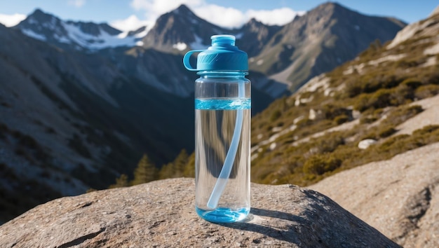 Photo a clear water bottle on rocks set against a scenic mountain backdrop