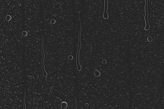 Photo clear water drops condensation or rain droplets isolated on black glass background 3d render realistic pure aqua blobs pattern dew on dark window surface wet fluid texture