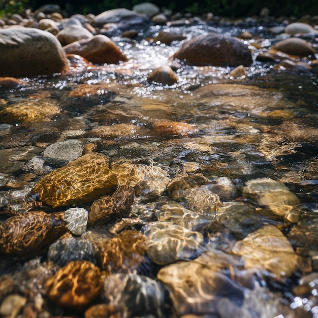 Photo clear water flowing over smooth river rocks